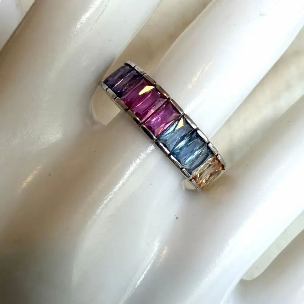 Sterling Silver Rainbow Princess Cut Eternity Band Ring